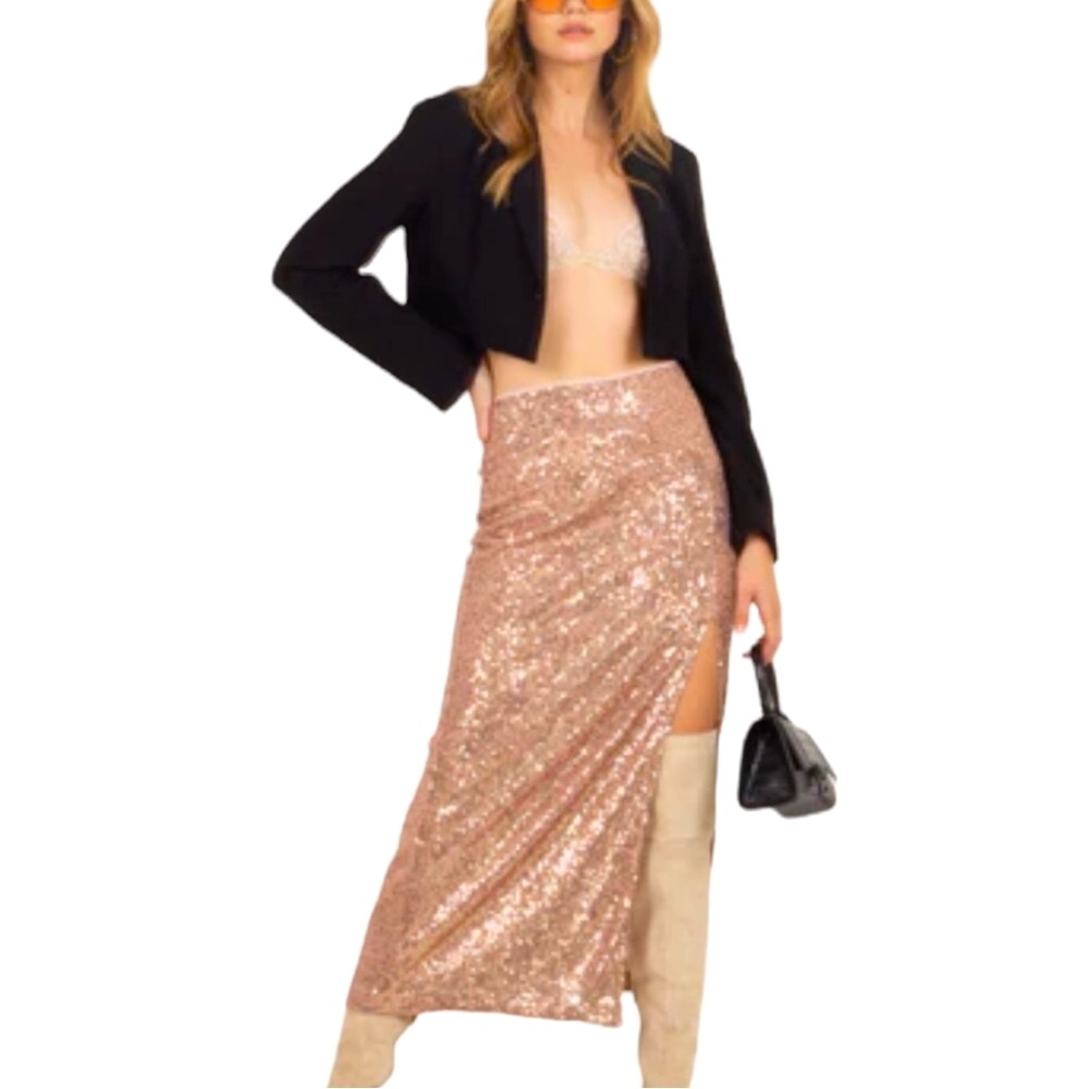🤗HP Free People Ariana 0, 4, 8 Pink Champagne Allover Sequin Slit Maxi Skirt